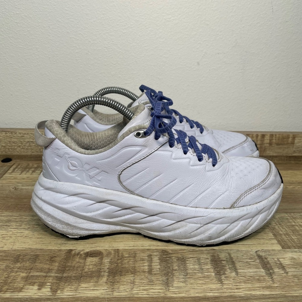 Hoka White Athletic Running Shoes with Blue Laces